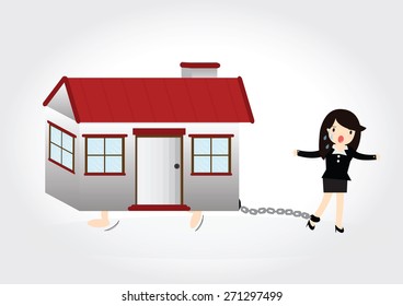 Business woman with debt chained on ankle and a house