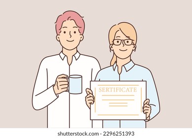 Business woman demonstrates certificate standing near boss who thanked employee for conscientious work. Man with mug stands near colleague showing certificate of business education or training