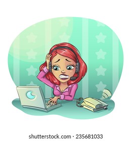 Business woman at desk with computer in office fast working. Dead line reports project. Vector illustration, can be any size
