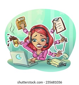 Business woman at desk with computer in office fast working. Dead line reports project. Vector illustration, can be any size