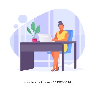 Business woman at a desk in the office. Work day and work space. Vector illustration