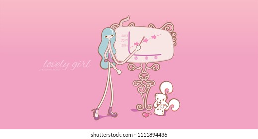 Business woman at the desk is working on the laptop computer. Vector illustration character in lovely girl style.