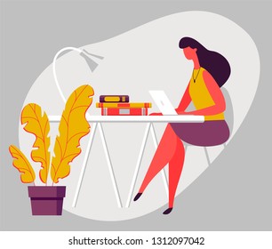 Business woman at the desk is working on the laptop computer. Vector illustration