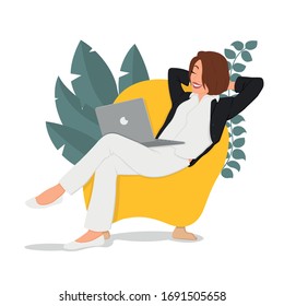 Business woman at the desk is working on the laptop computer. Vector illustration in flat style