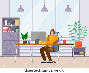 Business woman at the desk is working on the laptop computer vector illustration in flat style. Secretary in office workspace, businesswoman person in glasses sitting at a table typing with keyboard