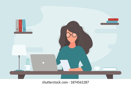 Business woman at the desk is working on the laptop computer. Vector illustration in flat style