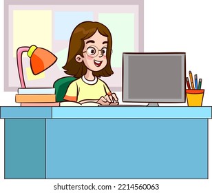 Business woman at the desk is working on the laptop computer.