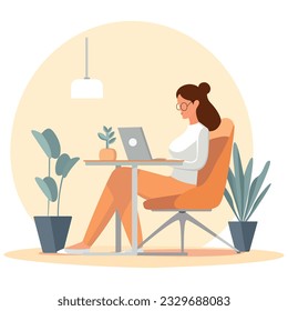 Business woman at the desktop with a laptop. Freelancer or office worker. Vector illustration in cartoon style. Flat style color modern vector illustration. Onlain career