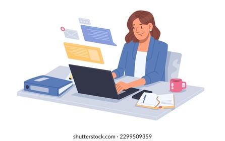 Business woman at desktop. Office employee working on a laptop, group corporate chat and checking mail. Vector illustration in flat style