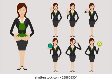 Business woman with different actions in the field of ecological