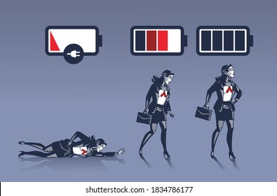 Business Woman in Different Energy Level Pictured as Battery Life Business Illustration Concept