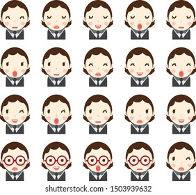 Business woman with different facial expressions, hair and clothes set in vector flat avatars