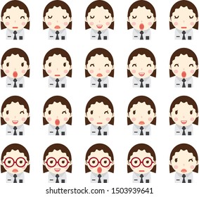 Business woman with different facial expressions, hair and clothes set in vector flat avatars