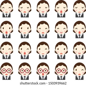 Business woman with different facial expressions, hair and clothes set in vector flat avatars