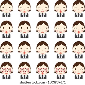 Business woman with different facial expressions, hair and clothes set in vector flat avatars