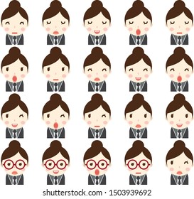 Business woman with different facial expressions, hair and clothes set in vector flat avatars