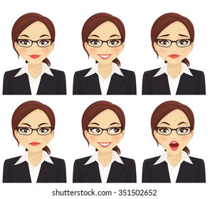 Business Woman With Different Facial Expressions Set 