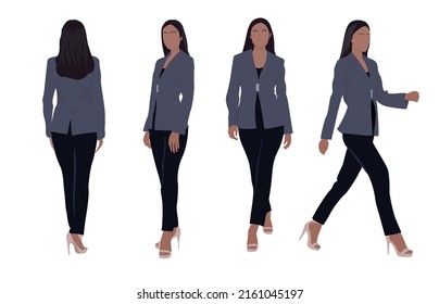 Mujer de negocios con diferentes poses de largo, frontales, laterales, traseras, de pie y caminando. Joven linda chica con traje de negocios. Ilustración vectorial, de estilo plano, aislada en fondo blanco.