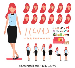 Business woman different pose character. animated face emotion and mouth. Office tutorial.