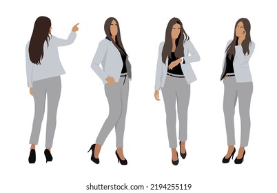 Business woman in different poses, front, side, back view. Attractive girl wearing light gray business suit. Vector realistic illustration, cartoon style, isolated on white background.