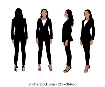 Business woman in different poses, front, side, back view. Attractive girl wearing black business suit. Vector illustration, flat style, isolated on neutral background.