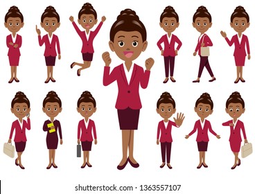 Business woman in different poses isolated on white background. Vector illustration set.