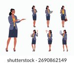 Business woman.Set Different poses.Vector flat style cartoon illustration 