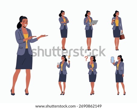 Business woman.Set Different poses.Vector flat style cartoon illustration 