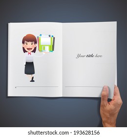Business woman with diskettes printed on book. Vector Design.