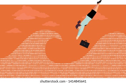 Business woman diving into a wave of computer code, EPS 8 vector illustration