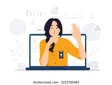 Business woman do business video call conference, telecommuting, Webinar, using laptop talk to colleagues, online learning and remote working concept illustration