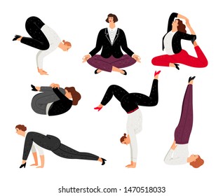 Business woman do yoga pose, relax and meditation. Vector businesswoman yoga fitness, people confident and training illustration