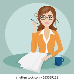 business woman with document writing character