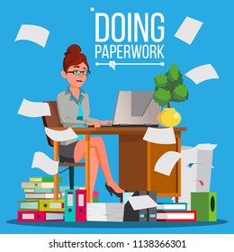 Business Woman Doing Paperwork Vector. Office Worker. Overloaded. Stressful. File Folders. Depressed Busy Person.  Flat Cartoon Illustration
