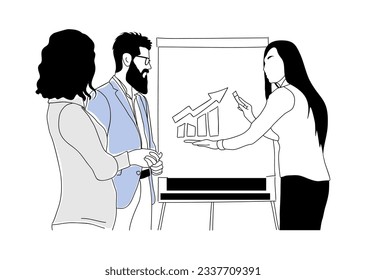 Business woman doing presentation for couple with white board. Business concept scene. Vector simple outline drawing for graphic and web design Isolated on white background