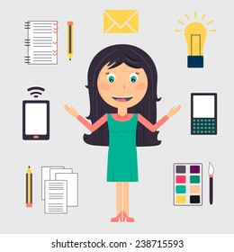 Business woman doing simultaneously many tasks. Vector illustration