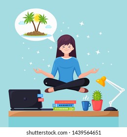Business woman doing yoga, calm down, relaxing and dreaming about vacation on a tropical island at office chair. Employee at workplace. Vector cartoon design