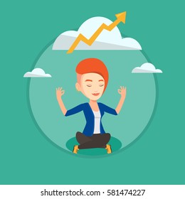 Business woman doing yoga in lotus position and thinking about the growth graph. Business woman meditating in yoga lotus position. Vector flat design illustration in the circle isolated on background.