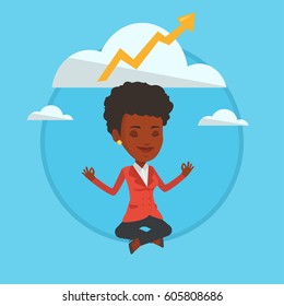 Business woman doing yoga in lotus position and thinking about the growth graph. Business woman meditating in yoga lotus position. Vector flat design illustration in the circle isolated on background.