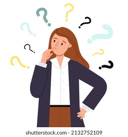 Business woman doubt. Girl think about question. Person thought, wonder idea or creative solve. Problem solution find, businesswoman decent vector character