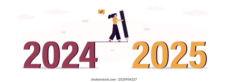 Business woman draws line from 2024 to 2025. Positive attitude and motivation for success and business growth in 2025 year, overcoming obstacles, solving unfinished tasks and transition to new year.