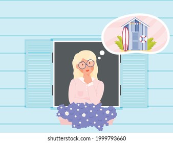 Business woman dreaming about vacation, looking from the window