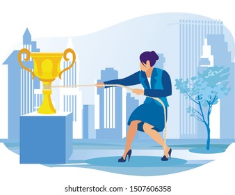 Business Woman, Dressed in Blue Suit, Being Very Persistent in Trying to Drag up Golden Champion Cup, Against Cityscape Background with Business Quarter, Skyscrapers, and Office Buildings