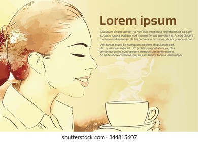 Business Woman Drink Smell Coffee Hold Cup, Hand Drawing Businesswoman Vector Illustration