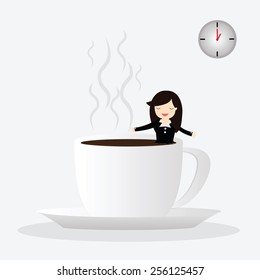 Business woman drinking coffee, relaxing with coffee cup in bright office