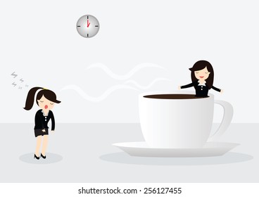 Business woman drinking coffee, relaxing with coffee cup in bright office