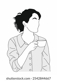 Business woman drinking coffee, tea. Pretty woman with cup of hot beverage drink. Outline vector white background.