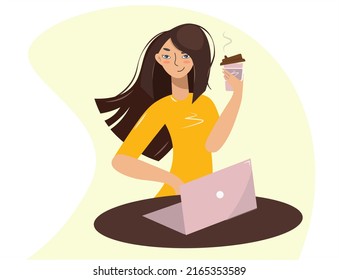 Business woman drinks coffee from a plastic cup while working. Stylish lady and laptop. The girl pauses, recuperates during the break. Work, study, rest. Freelance. Vector isolated in flat style.
