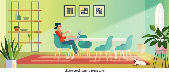 Business woman drinks coffee and uses a digital tablet in the morning at home. Working mom works from home office. Freelancer workplace in cozy room. Cartoon vector illustration.