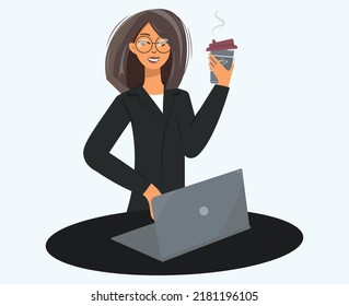 Business woman drinks tea or coffee from a plastic cup while working. Stylish lady in glasses with a laptop. The girl pauses. Coffee break. Work, study, rest. Freelance. Vector isolated in flat style.